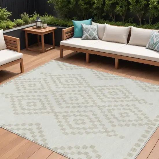 Ivory And Beige Geometric Washable Indoor Outdoor Area Rug Photo 1