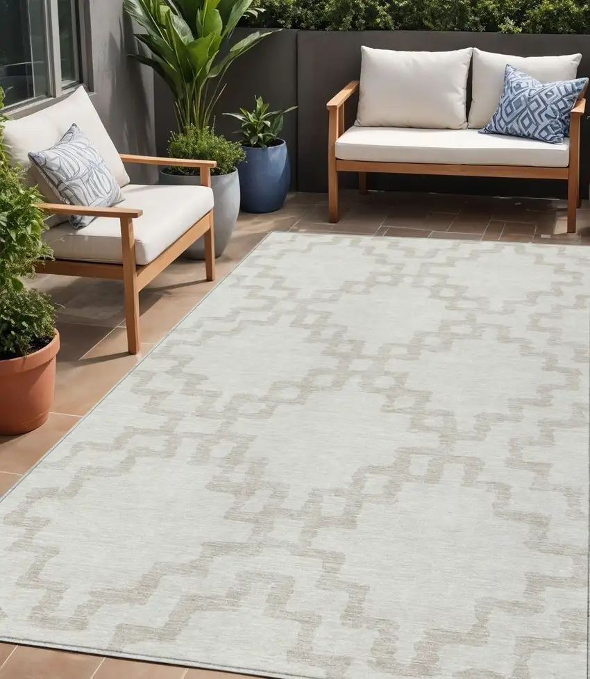 Ivory And Beige Geometric Washable Indoor Outdoor Area Rug Photo 1