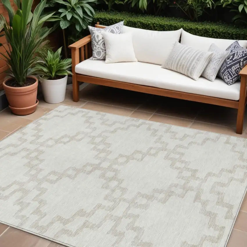 Ivory And Beige Geometric Washable Indoor Outdoor Area Rug Photo 1