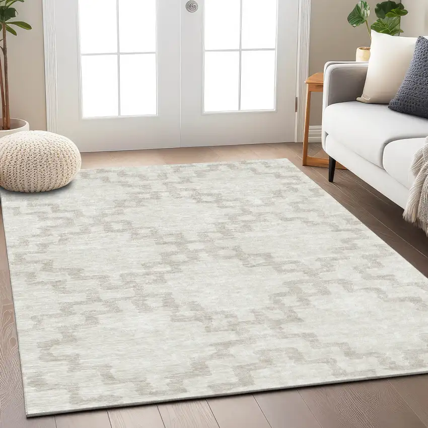 Ivory And Beige Geometric Washable Indoor Outdoor Area Rug Photo 9