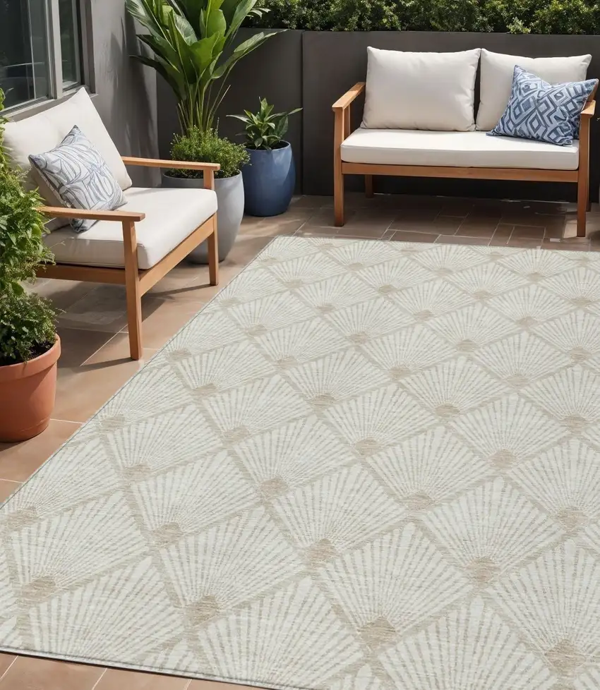 Ivory And Beige Geometric Washable Indoor Outdoor Area Rug Photo 1
