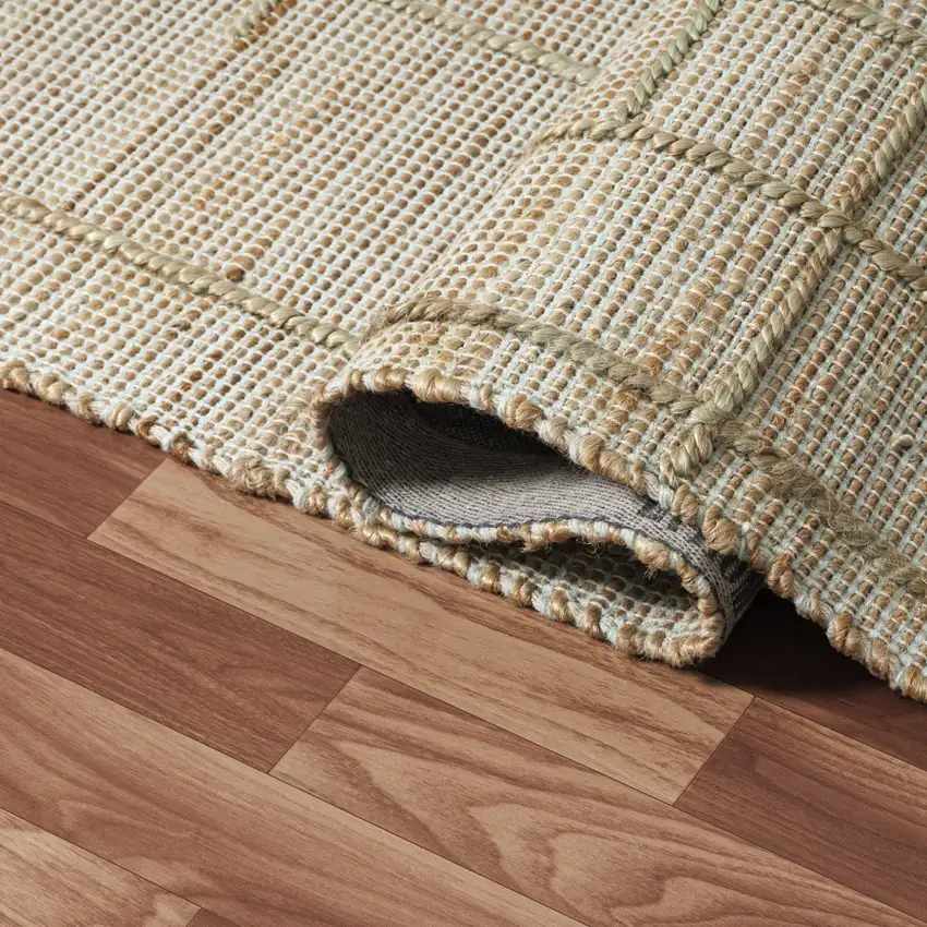 Ivory And Beige Jute Checkered Hand Woven Square Rug Photo 8