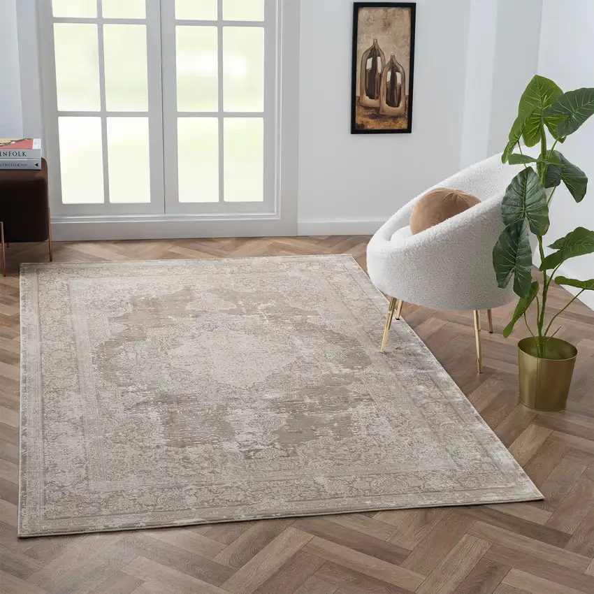 Ivory And Beige Medallion Square Rug Photo 6