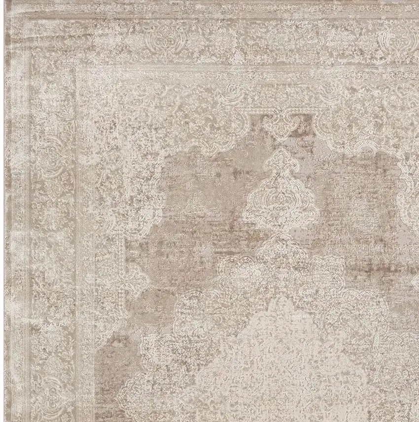 Ivory And Beige Medallion Square Rug Photo 4