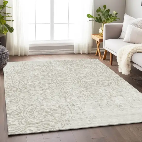 Ivory And Beige Medallion Washable Area Rug With UV Protection Photo 5