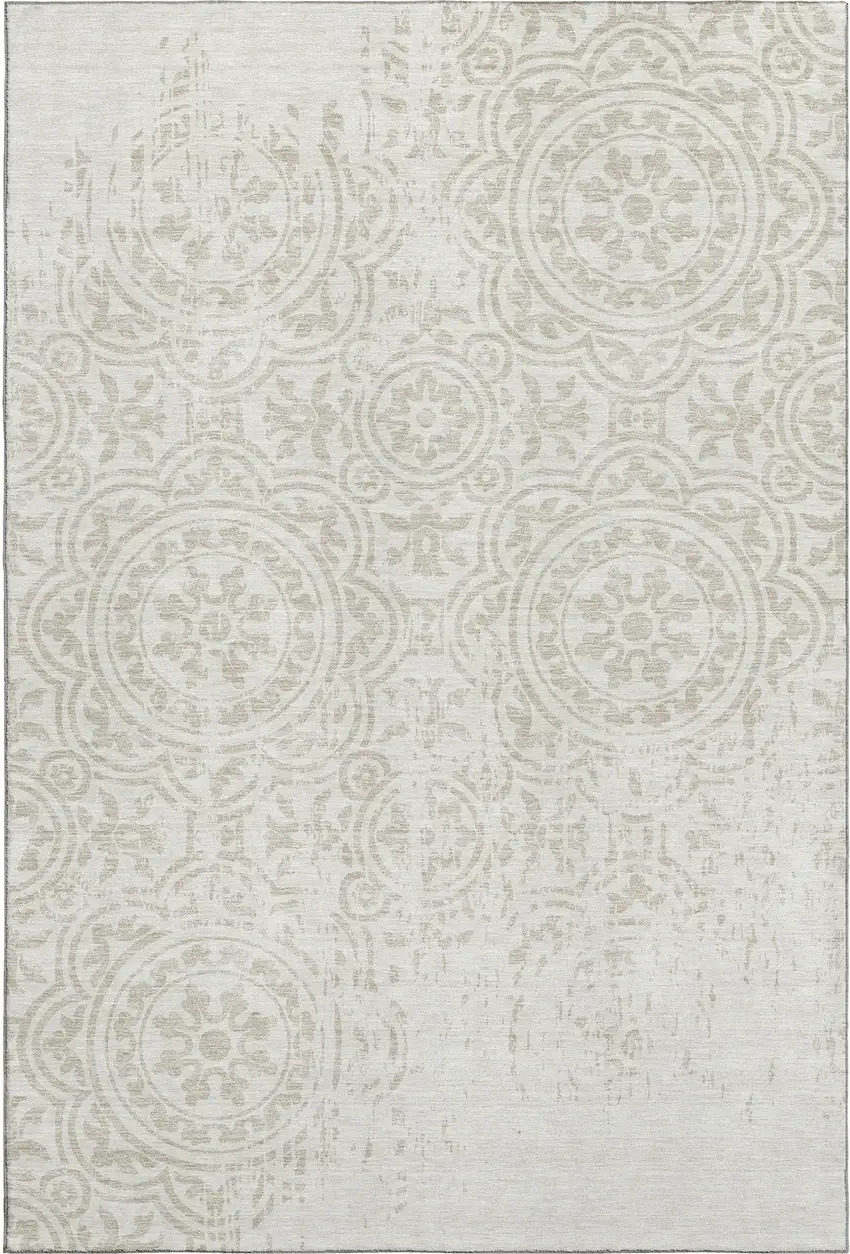 Ivory And Beige Medallion Washable Area Rug With UV Protection Photo 1