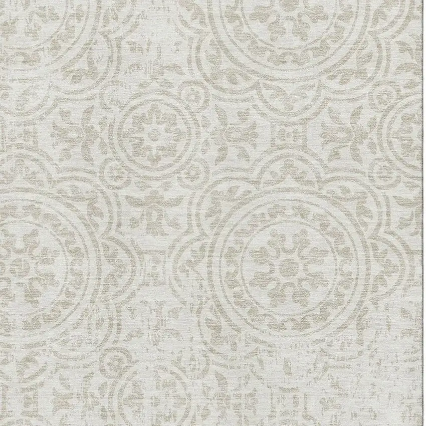 Ivory And Beige Medallion Washable Area Rug With UV Protection Photo 3
