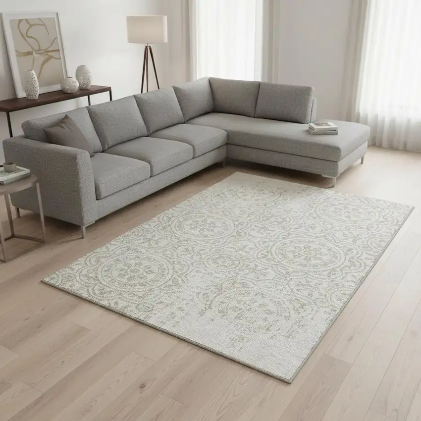 Ivory And Beige Medallion Washable Area Rug With UV Protection Photo 2