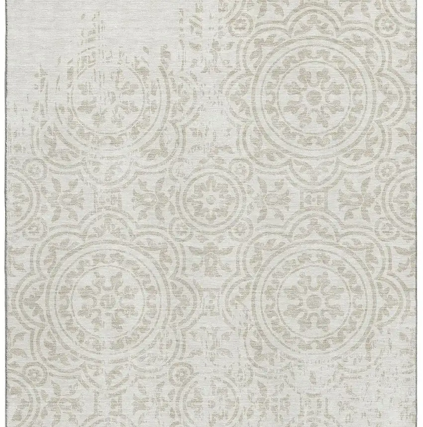 Ivory And Beige Medallion Washable Area Rug With UV Protection Photo 4