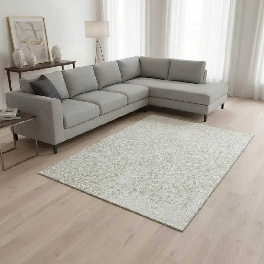 Ivory And Beige Medallion Washable Area Rug With UV Protection Photo 2