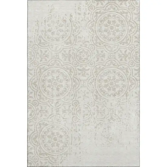Ivory And Beige Medallion Washable Area Rug With UV Protection Photo 1
