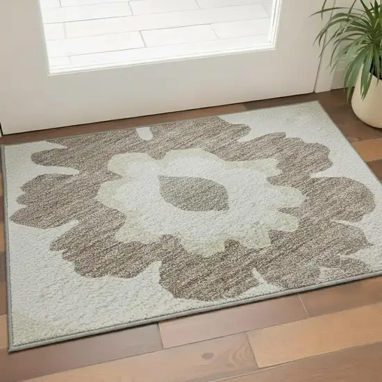 Ivory And Beige Medallion Washable Area Rug With UV Protection Photo 2