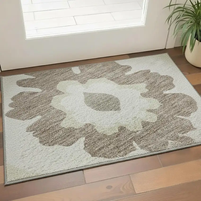 Ivory And Beige Medallion Washable Area Rug With UV Protection Photo 2