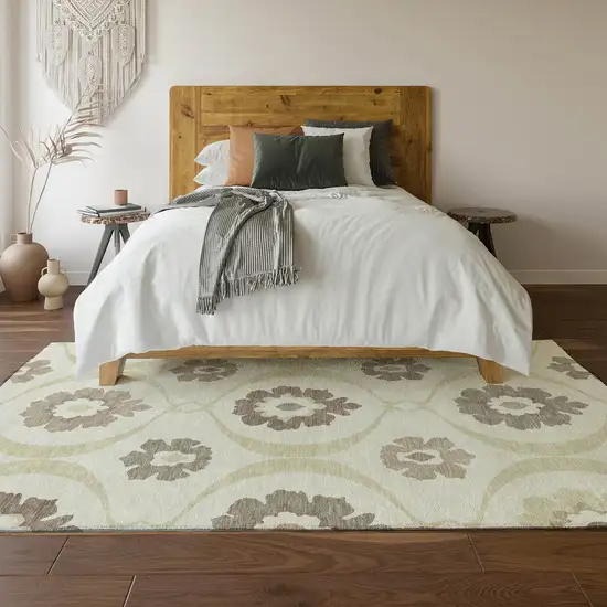 Ivory And Beige Medallion Washable Area Rug With UV Protection Photo 6