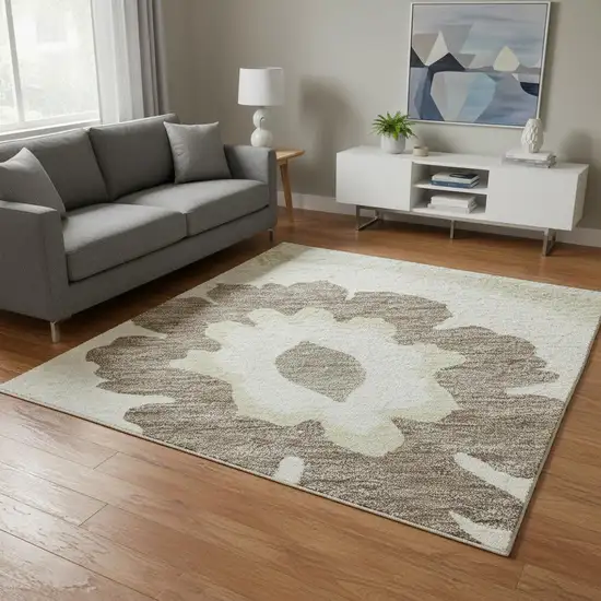 Ivory And Beige Medallion Washable Area Rug With UV Protection Photo 2
