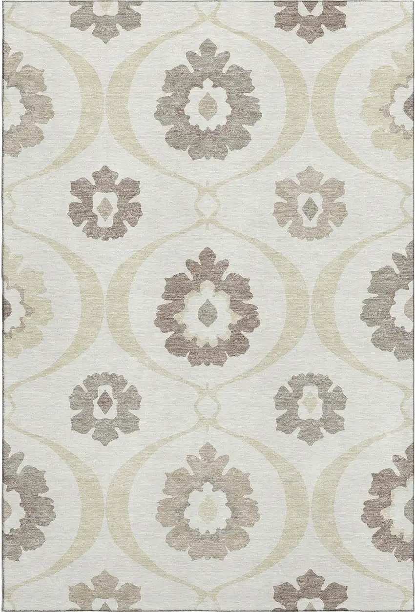 Ivory And Beige Medallion Washable Area Rug With UV Protection Photo 6