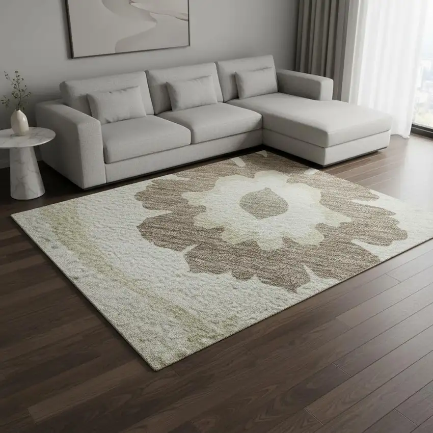 Ivory And Beige Medallion Washable Area Rug With UV Protection Photo 2