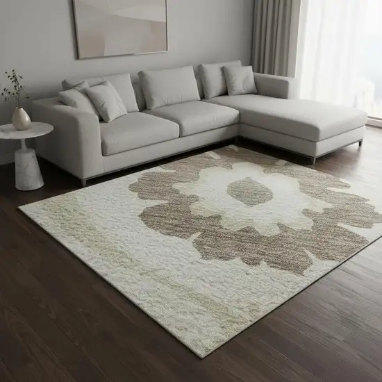 Ivory And Beige Medallion Washable Area Rug With UV Protection Photo 2