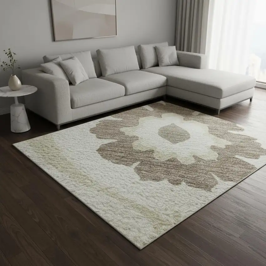Ivory And Beige Medallion Washable Area Rug With UV Protection Photo 2