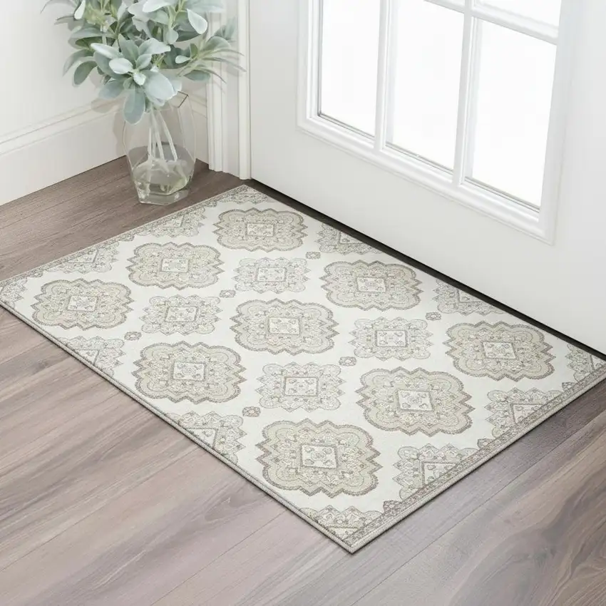 Ivory And Beige Medallion Washable Area Rug With UV Protection Photo 2