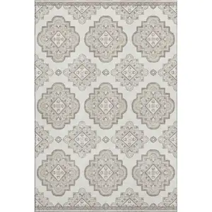 Photo of Ivory And Beige Medallion Washable Area Rug With UV Protection