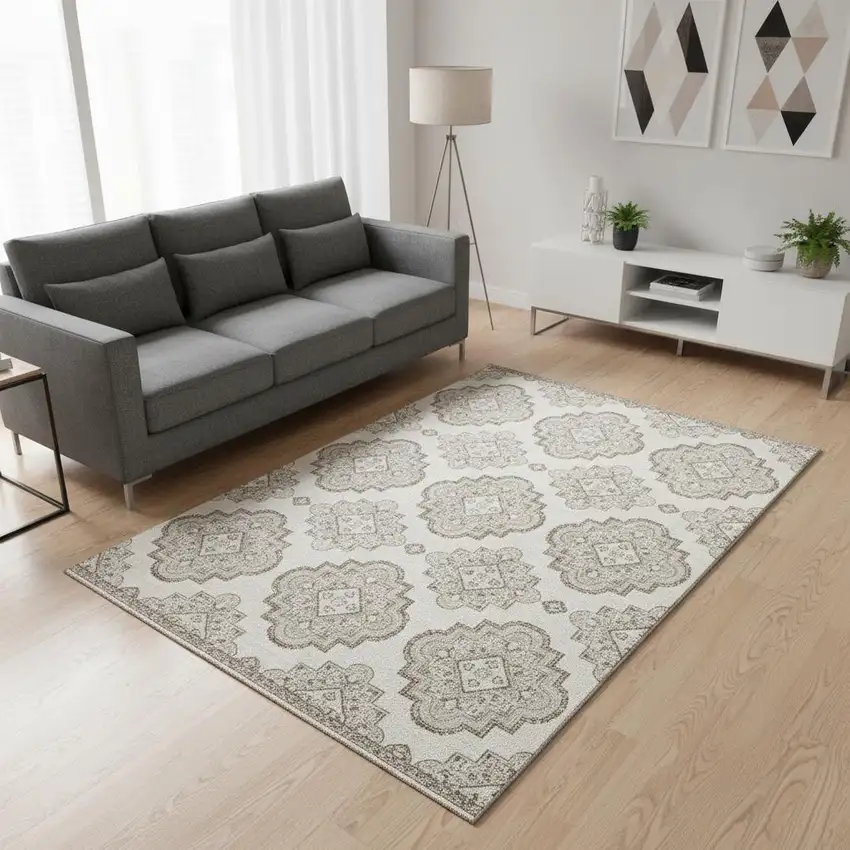 Ivory And Beige Medallion Washable Area Rug With UV Protection Photo 2