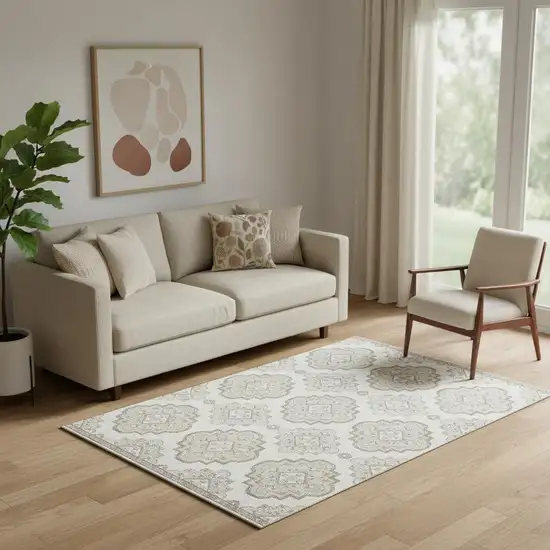 Ivory And Beige Medallion Washable Area Rug With UV Protection Photo 1
