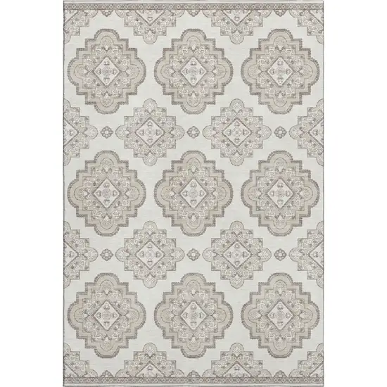 Ivory And Beige Medallion Washable Area Rug With UV Protection Photo 1