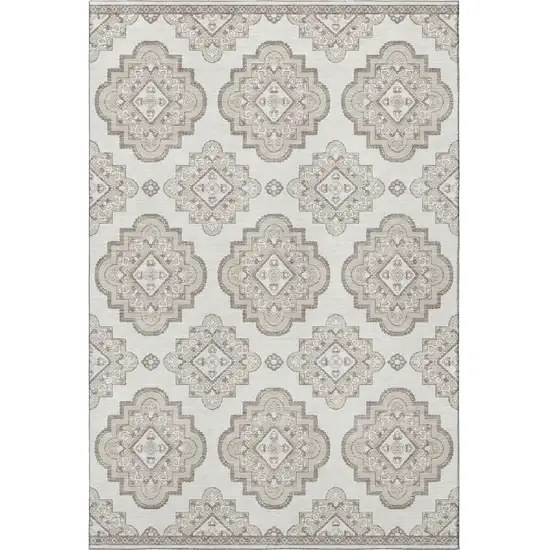 Ivory And Beige Medallion Washable Area Rug With UV Protection Photo 3