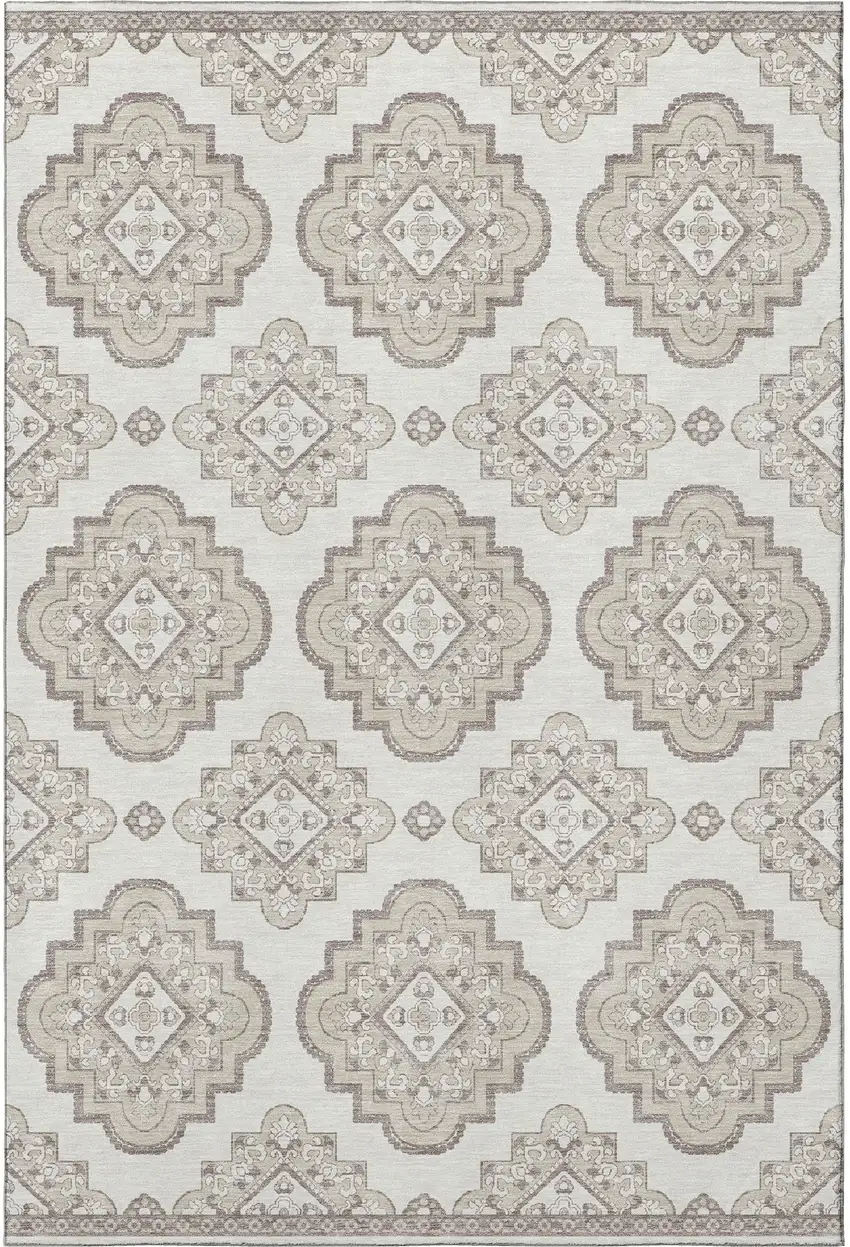 Ivory And Beige Medallion Washable Area Rug With UV Protection Photo 3