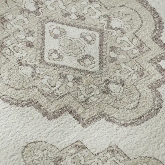 Ivory And Beige Medallion Washable Area Rug With UV Protection Photo 9