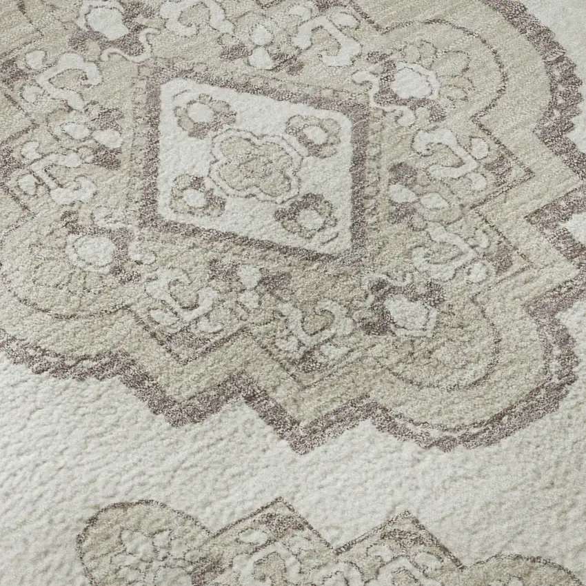 Ivory And Beige Medallion Washable Area Rug With UV Protection Photo 9