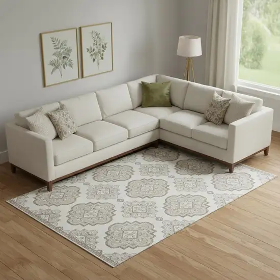 Ivory And Beige Medallion Washable Area Rug With UV Protection Photo 1