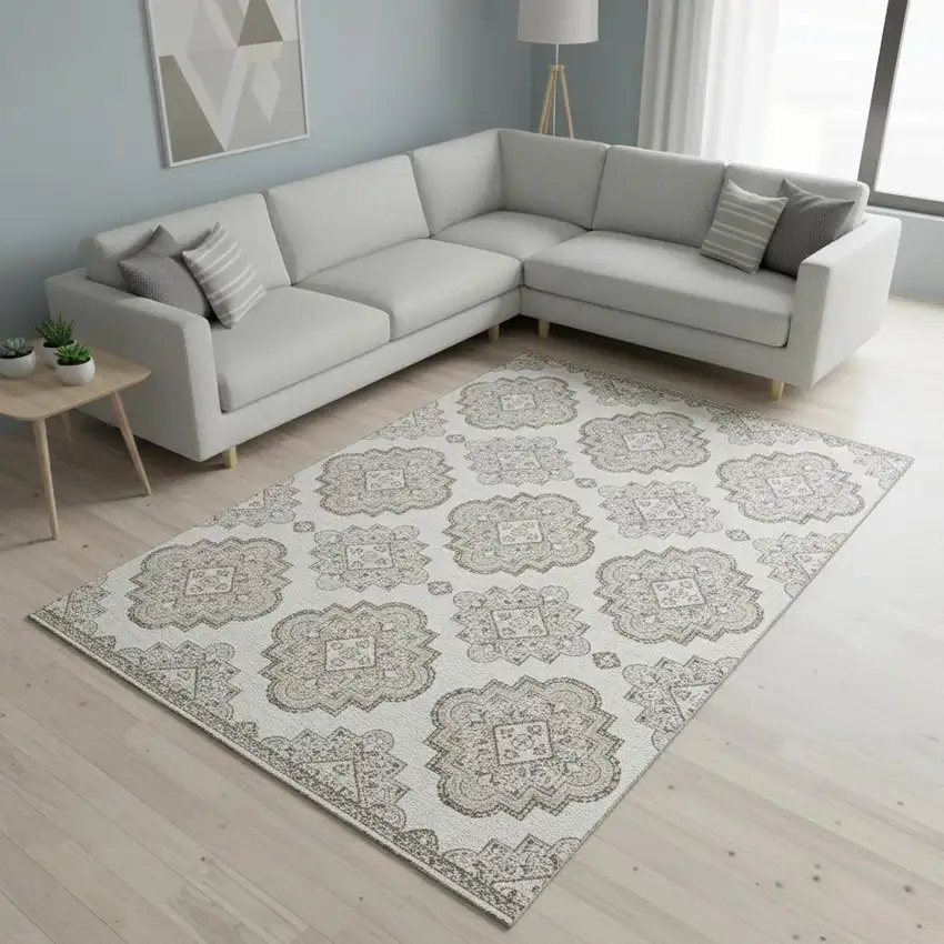 Ivory And Beige Medallion Washable Area Rug With UV Protection Photo 2