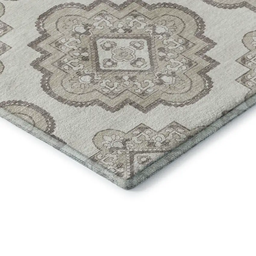 Ivory And Beige Medallion Washable Area Rug With UV Protection Photo 8