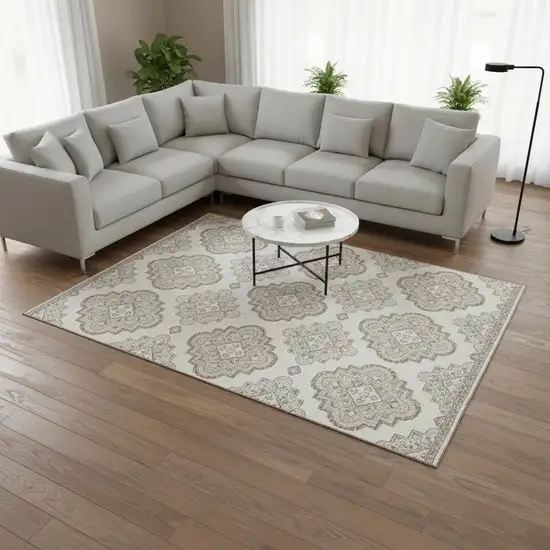 Ivory And Beige Medallion Washable Area Rug With UV Protection Photo 2