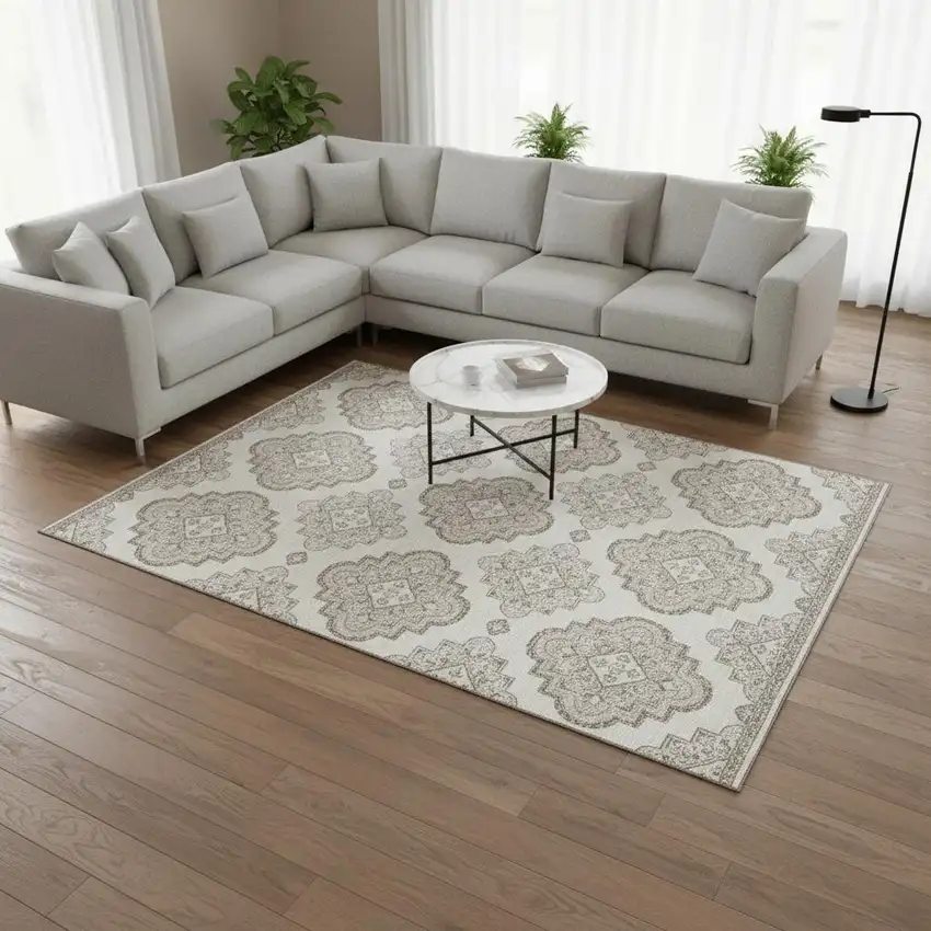 Ivory And Beige Medallion Washable Area Rug With UV Protection Photo 2