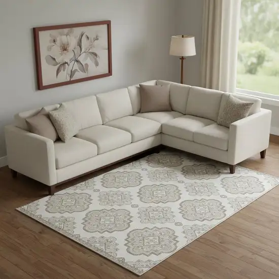 Ivory And Beige Medallion Washable Area Rug With UV Protection Photo 1