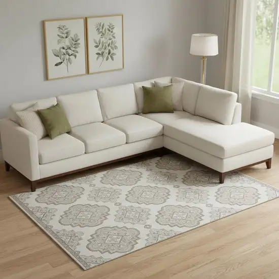 Ivory And Beige Medallion Washable Area Rug With UV Protection Photo 1