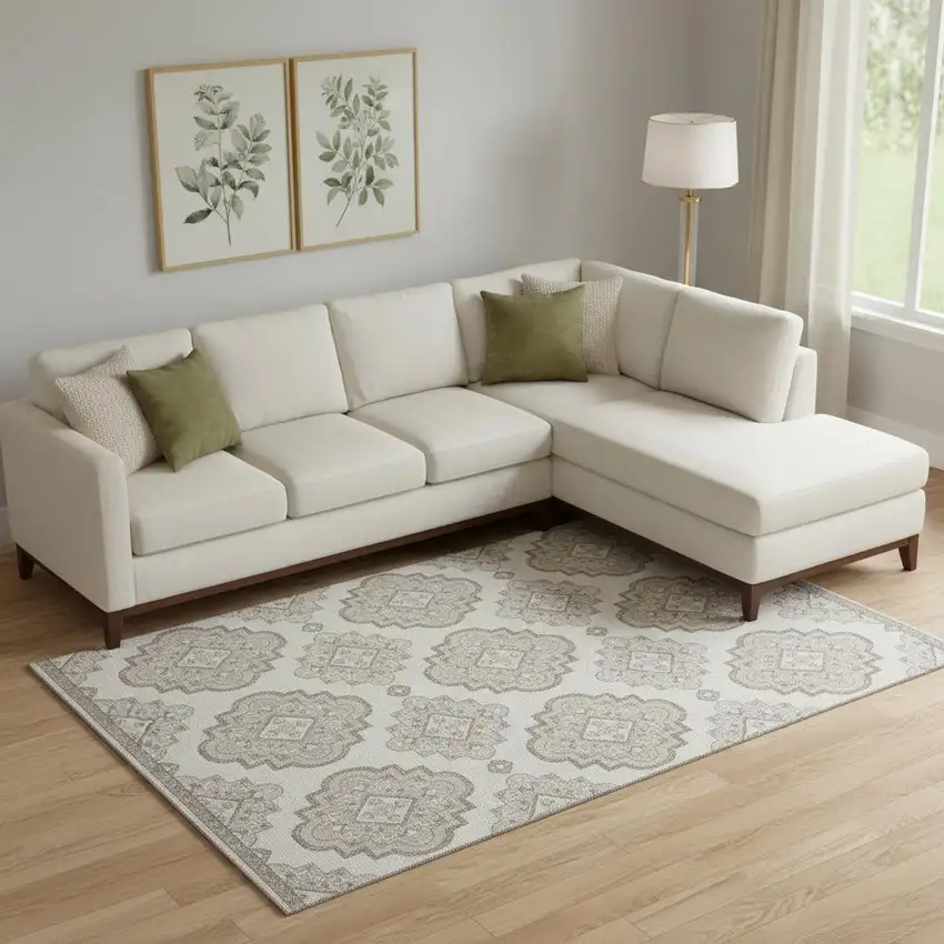 Ivory And Beige Medallion Washable Area Rug With UV Protection Photo 1