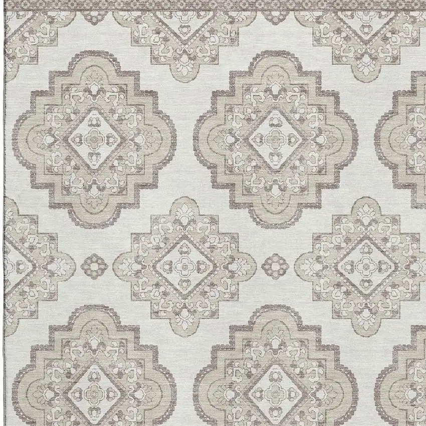 Ivory And Beige Medallion Washable Area Rug With UV Protection Photo 3