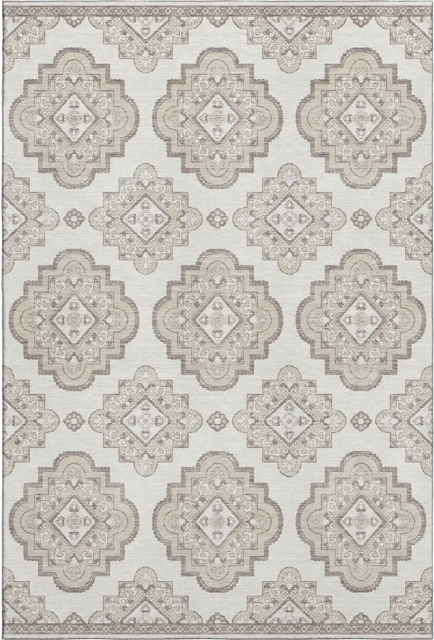 Ivory And Beige Medallion Washable Area Rug With UV Protection Photo 1