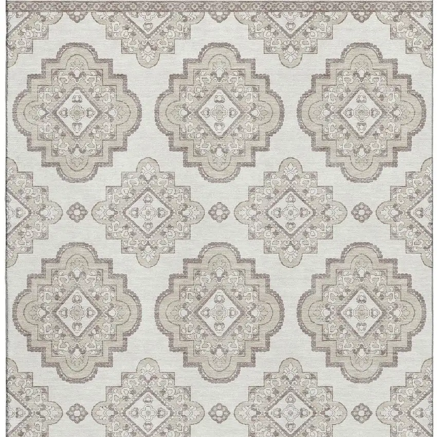 Ivory And Beige Medallion Washable Area Rug With UV Protection Photo 4