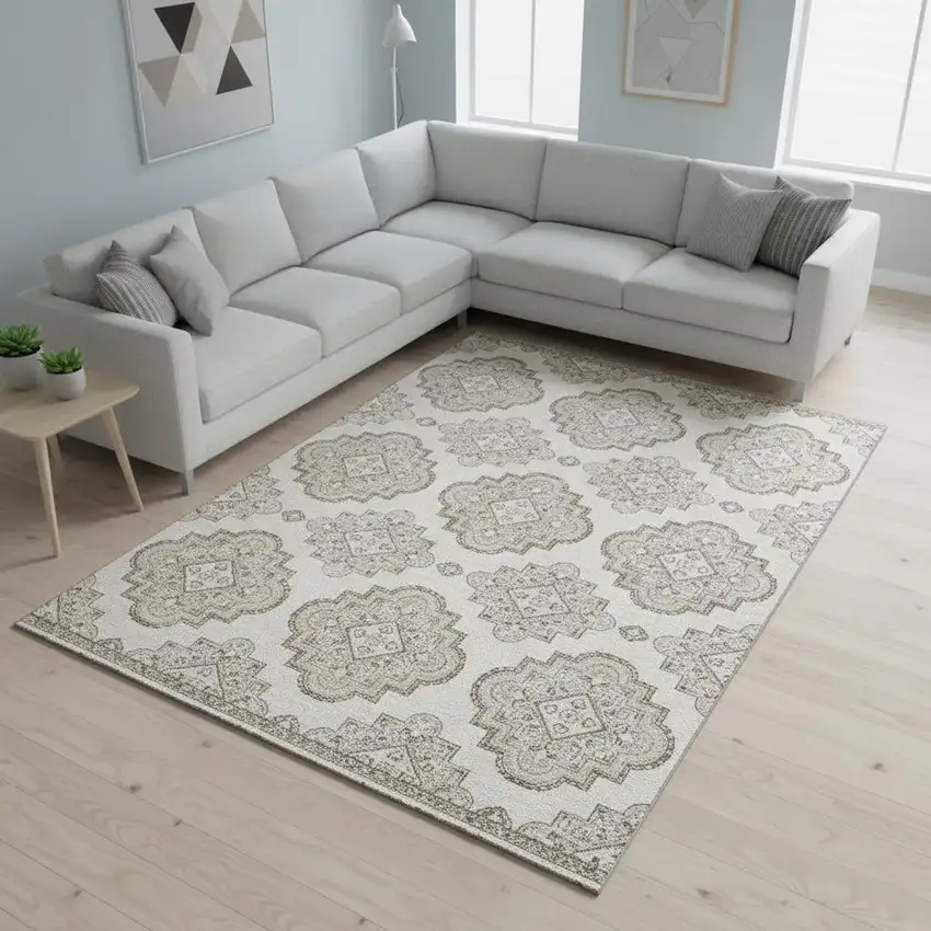 Ivory And Beige Medallion Washable Area Rug With UV Protection Photo 2