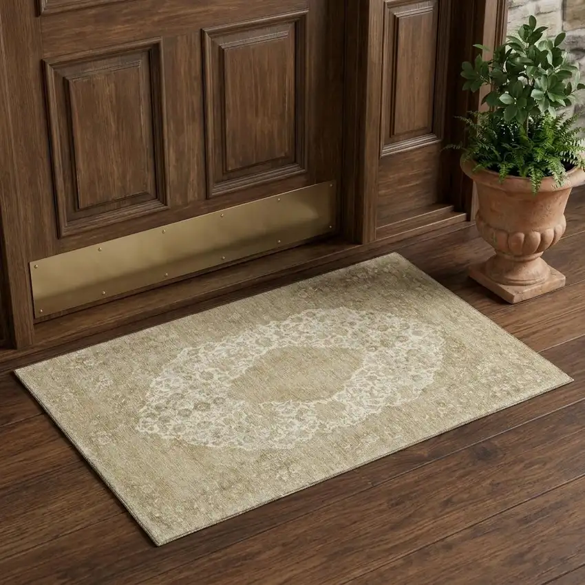 Ivory And Beige Medallion Washable Area Rug With UV Protection Photo 1