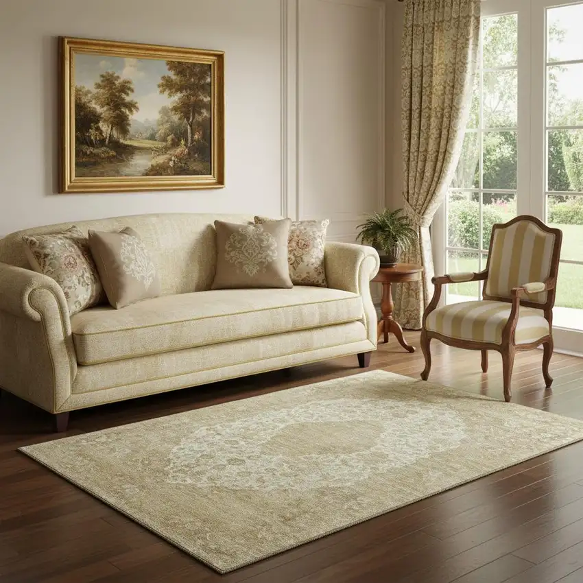 Ivory And Beige Medallion Washable Area Rug With UV Protection Photo 2