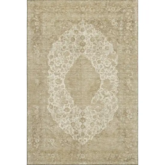 Ivory And Beige Medallion Washable Area Rug With UV Protection Photo 1