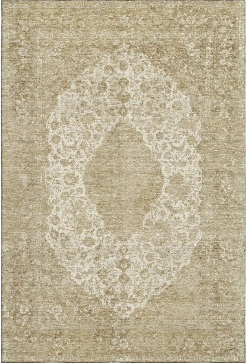 Ivory And Beige Medallion Washable Area Rug With UV Protection Photo 1