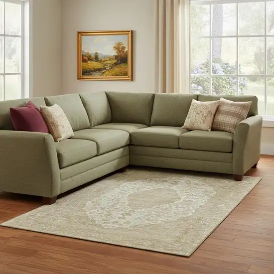 Ivory And Beige Medallion Washable Area Rug With UV Protection Photo 2