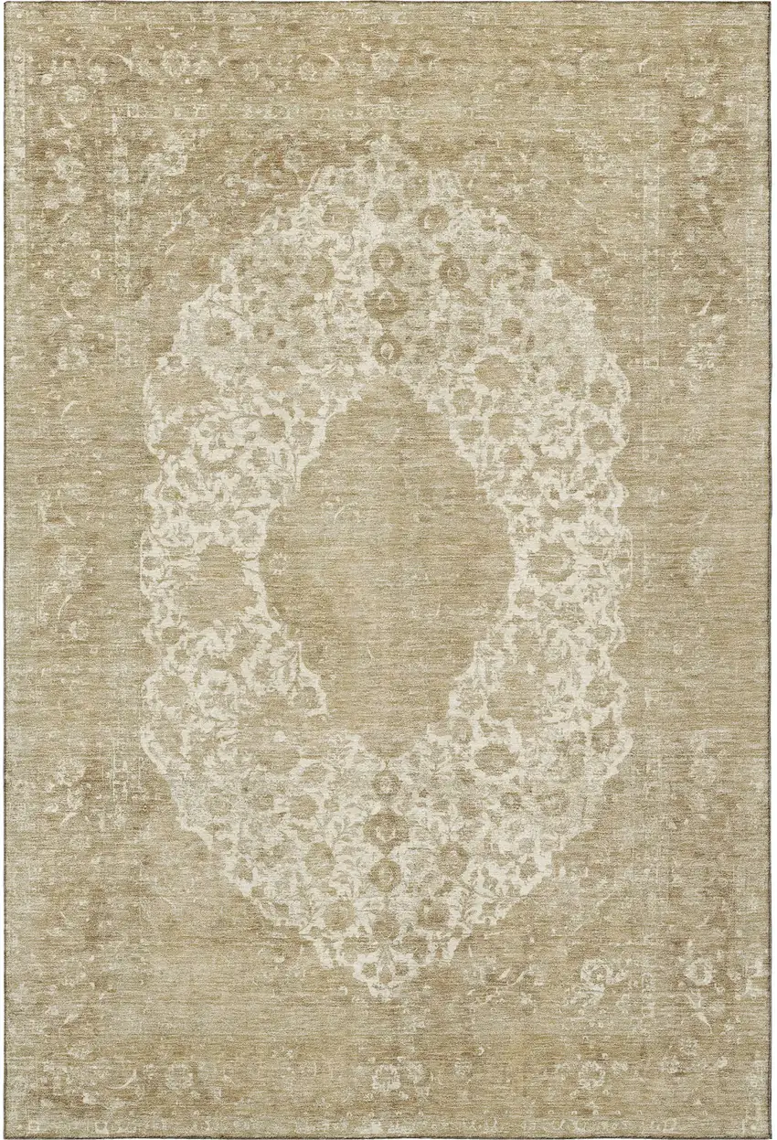 Ivory And Beige Medallion Washable Area Rug With UV Protection Photo 3